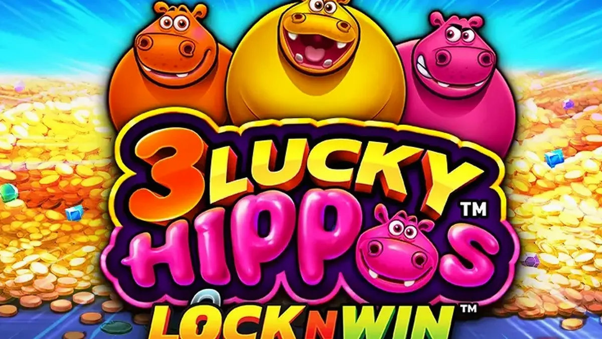 Ang makulay at masiglang interface ng 3 Lucky Hippos slot game na nagtatampok ng mga cute na hippos.