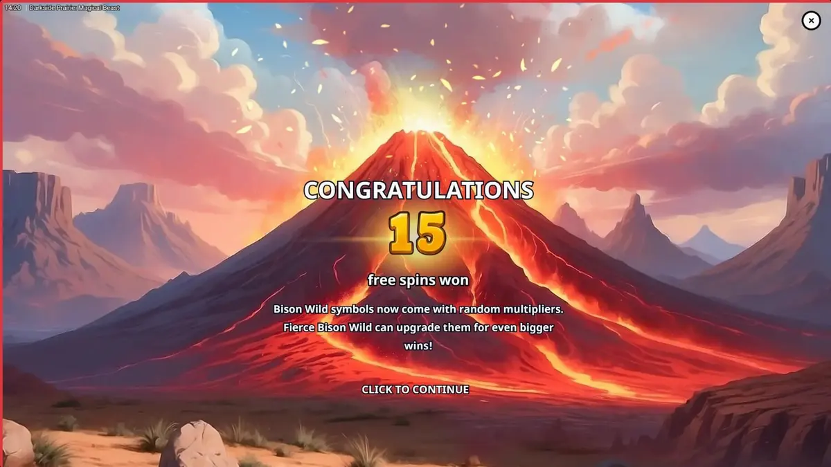 Darkside Prairie: Magical Beasts slot game screen na may bison at canyon theme