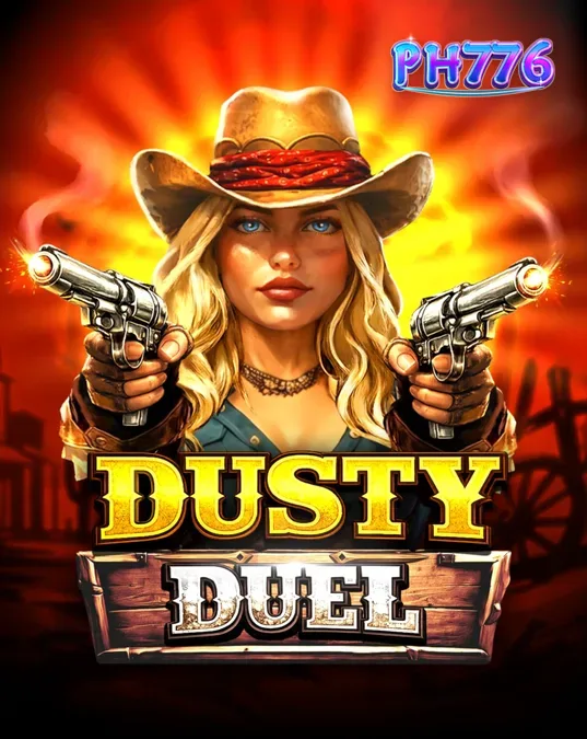 Isang mobile phone na nagpapakita ng Dusty Duel slot game sa isang disyertong setting.